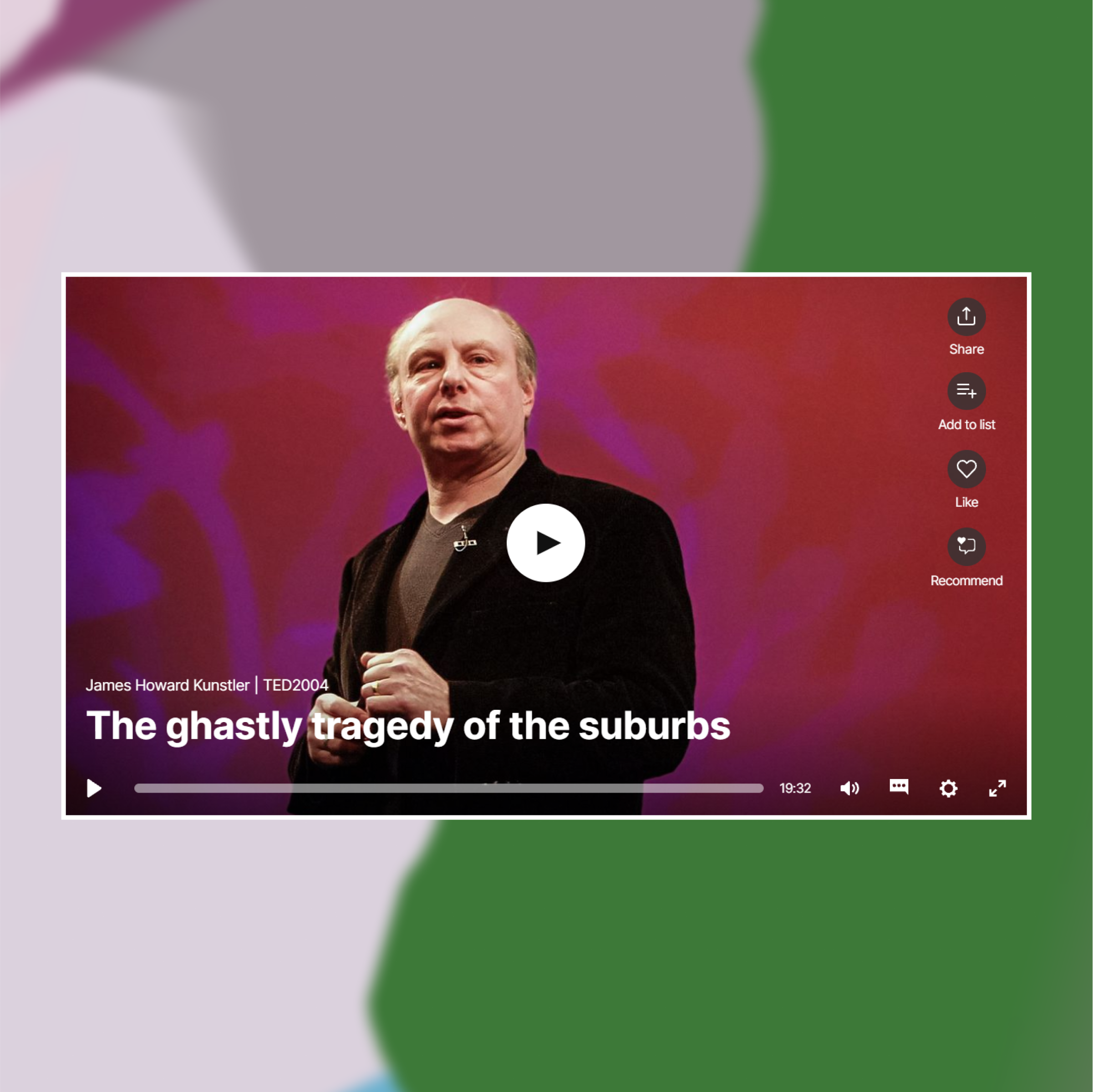 Cover shot of James Howard Kunstler's TED talk against an abstract painted background