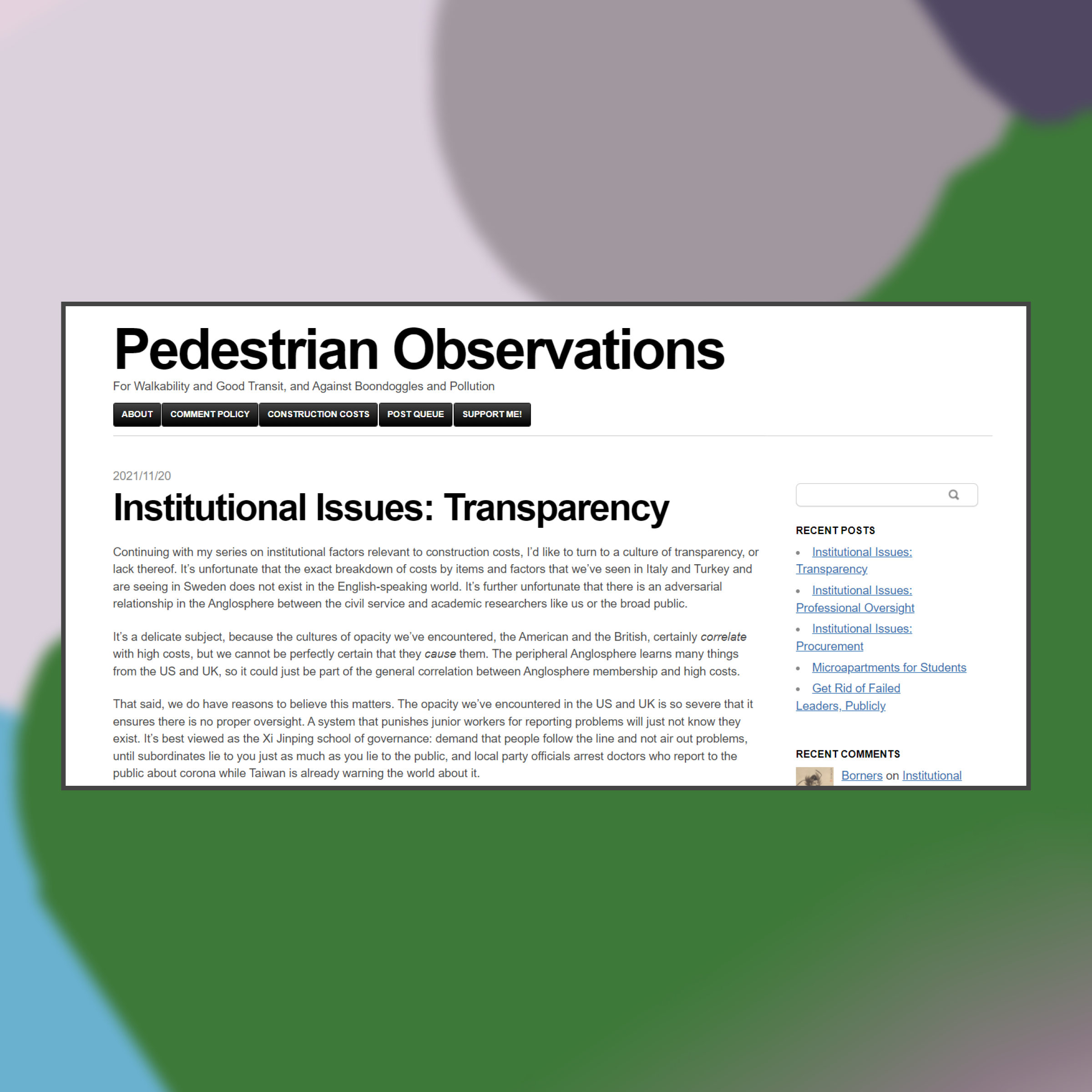 Screenshot of Pedestrian Observations against an abstract painted background