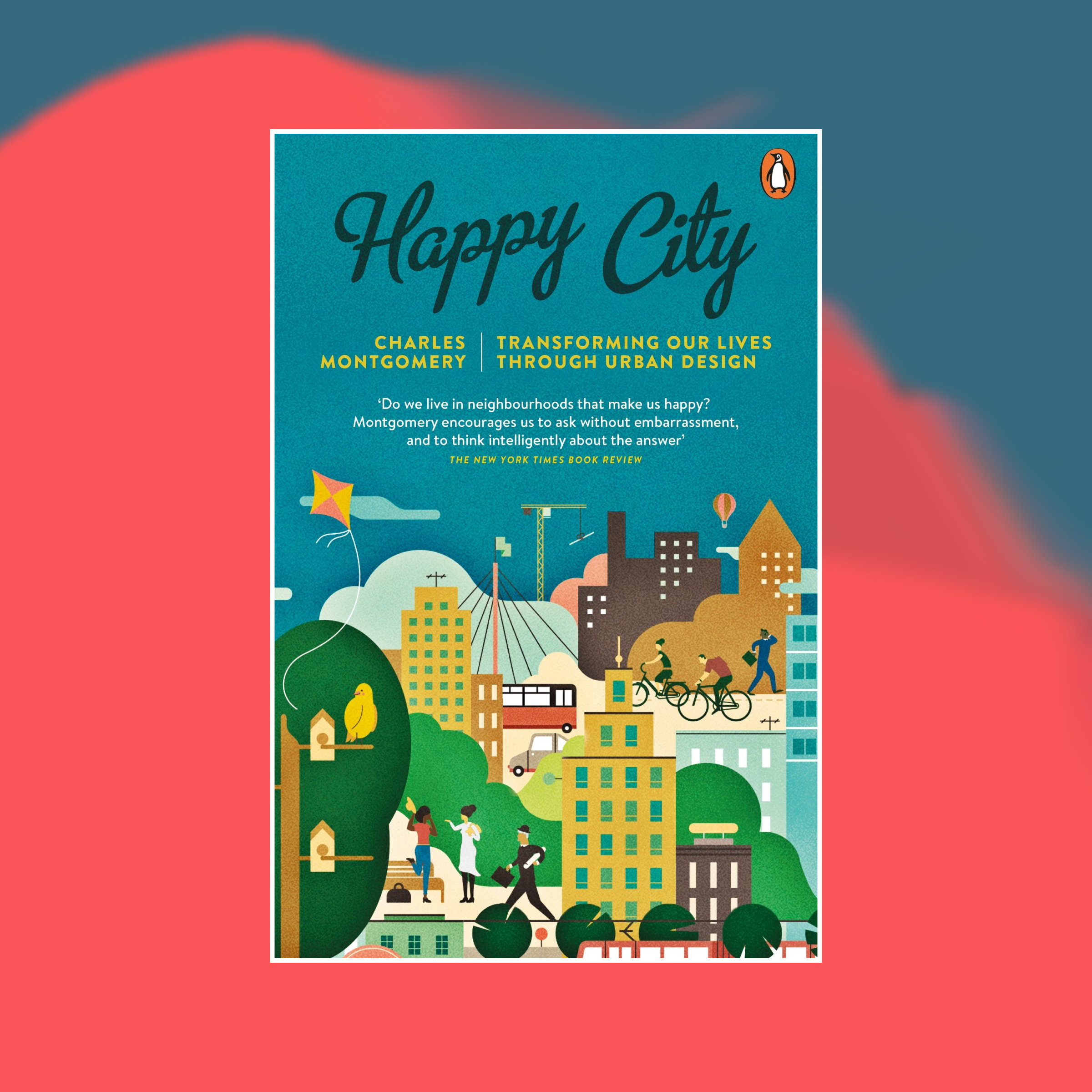 Book cover of Happy City against an abstract painted background