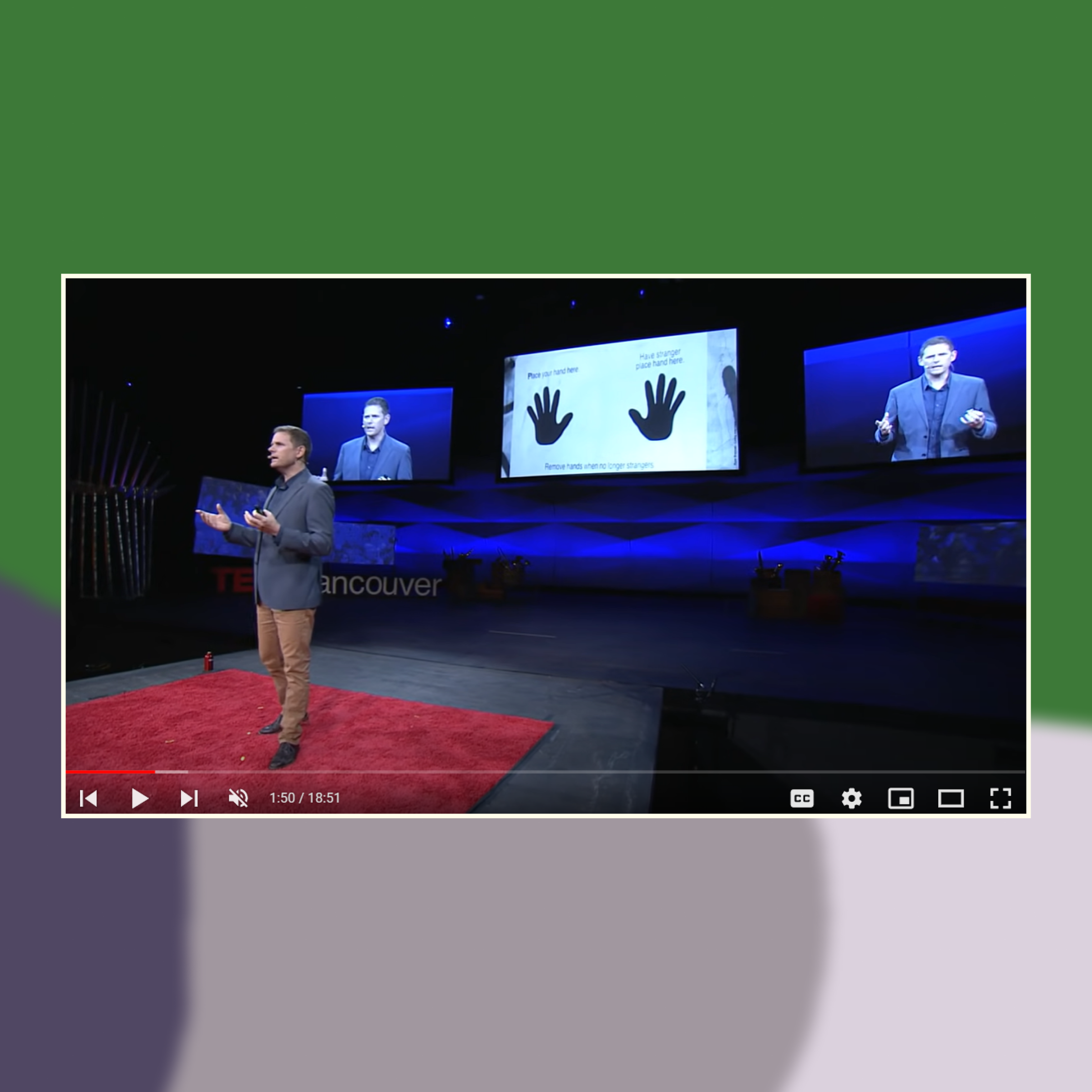 Screenshot of Charles Montgomery’s talk against an abstract painted background