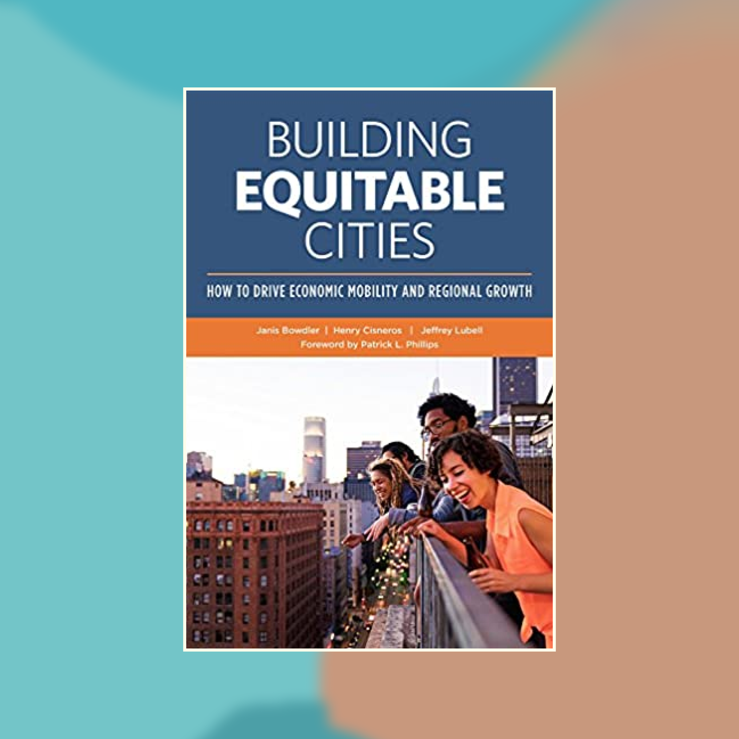 Book cover of Building Equitable Cities against an abstract painted background