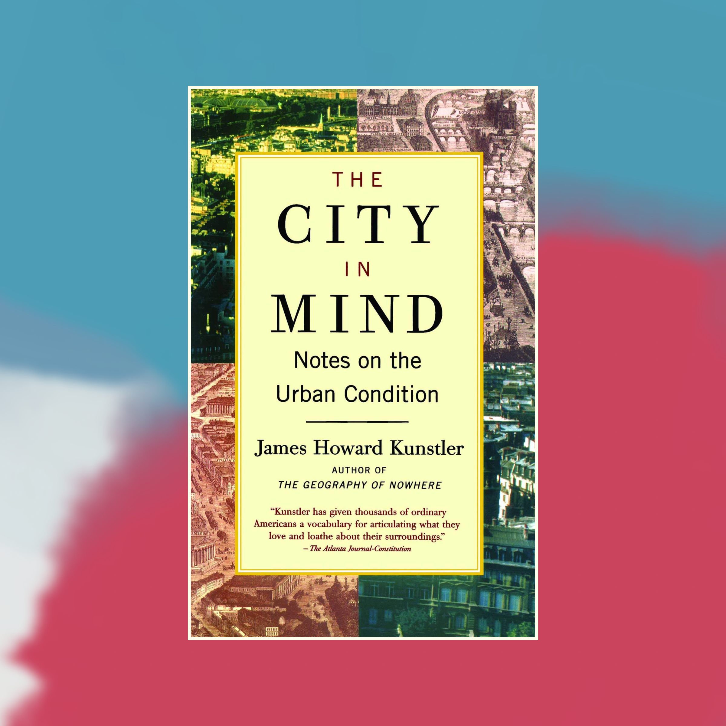 Book cover of The City In Mind against an abstract painted background
