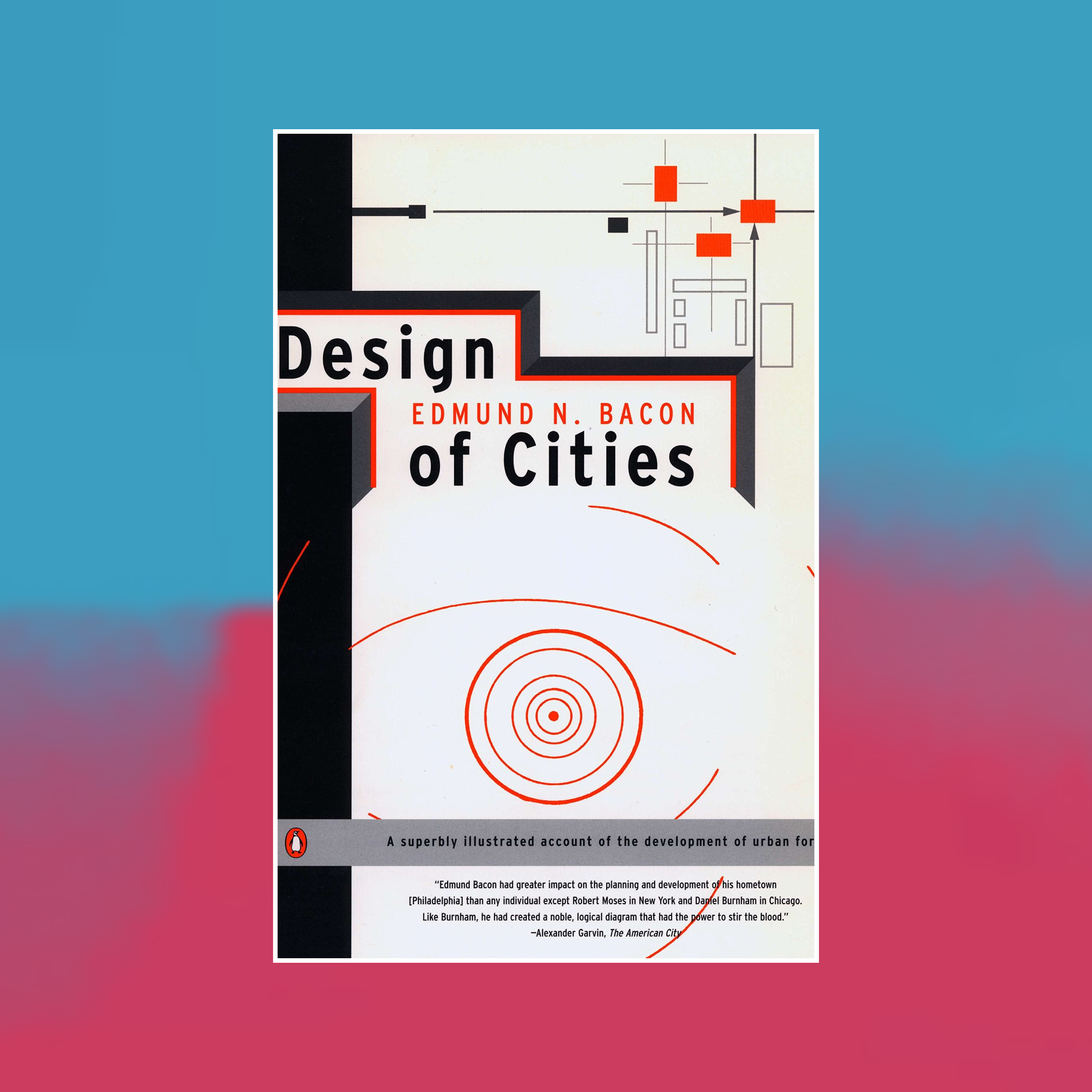 Book cover of Design of Cities against an abstract painted background